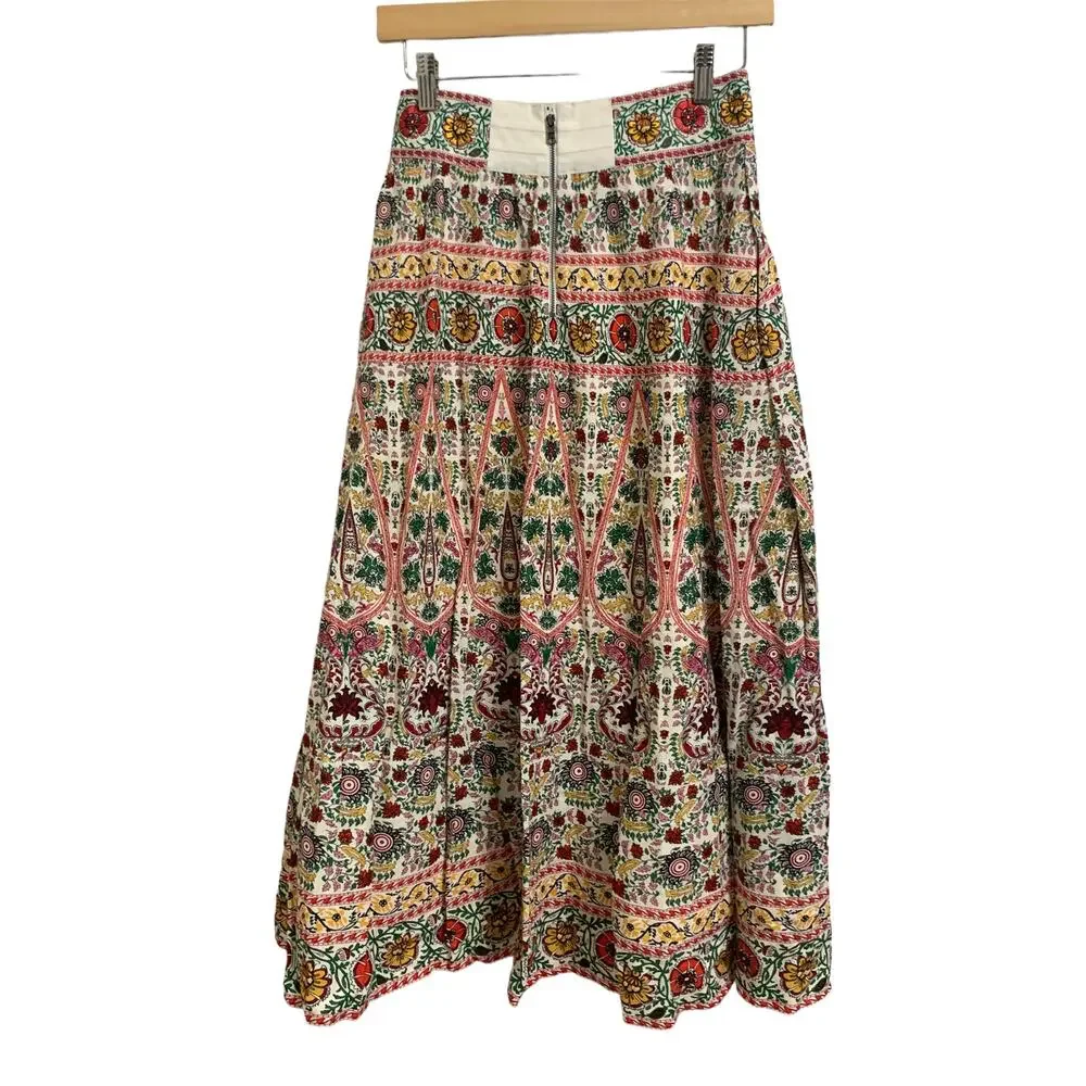 Alice + Olivia Earla embroidered cotton linen midi skirt floral pot ecru 0 $495‎